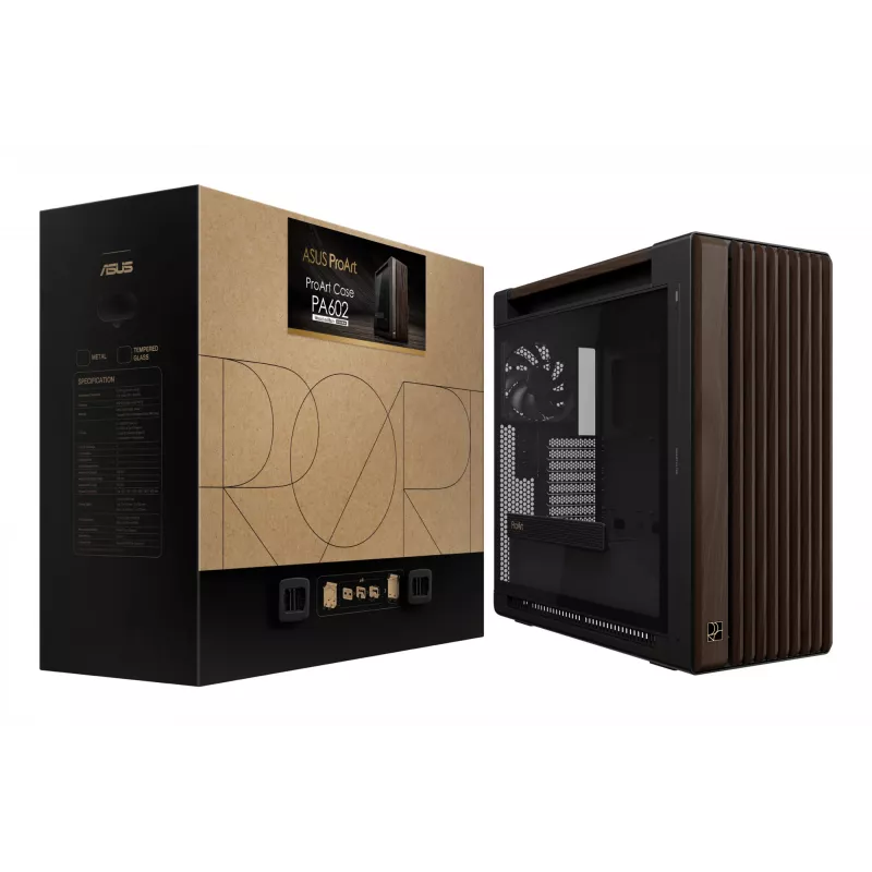 ASUS ProArt PA602 Wood Edition Modern Juoda – grūdinto stiklo skydas, midi bokštas, juoda, medis