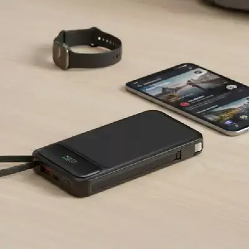 Išorinė baterija MediaRange MRMA753 10 000 mAh LiPo su integruotais kabeliais, LC ekranu, USB-C PD ir Quick Charge, juoda