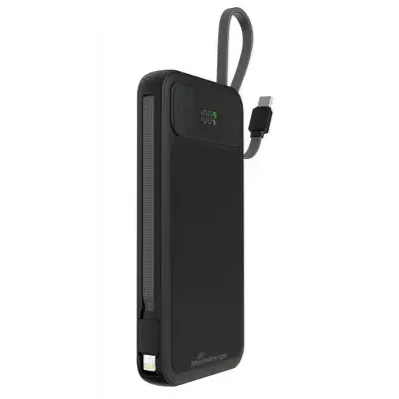 Išorinė baterija MediaRange MRMA753 10 000 mAh LiPo su integruotais kabeliais, LC ekranu, USB-C PD ir Quick Charge, juoda