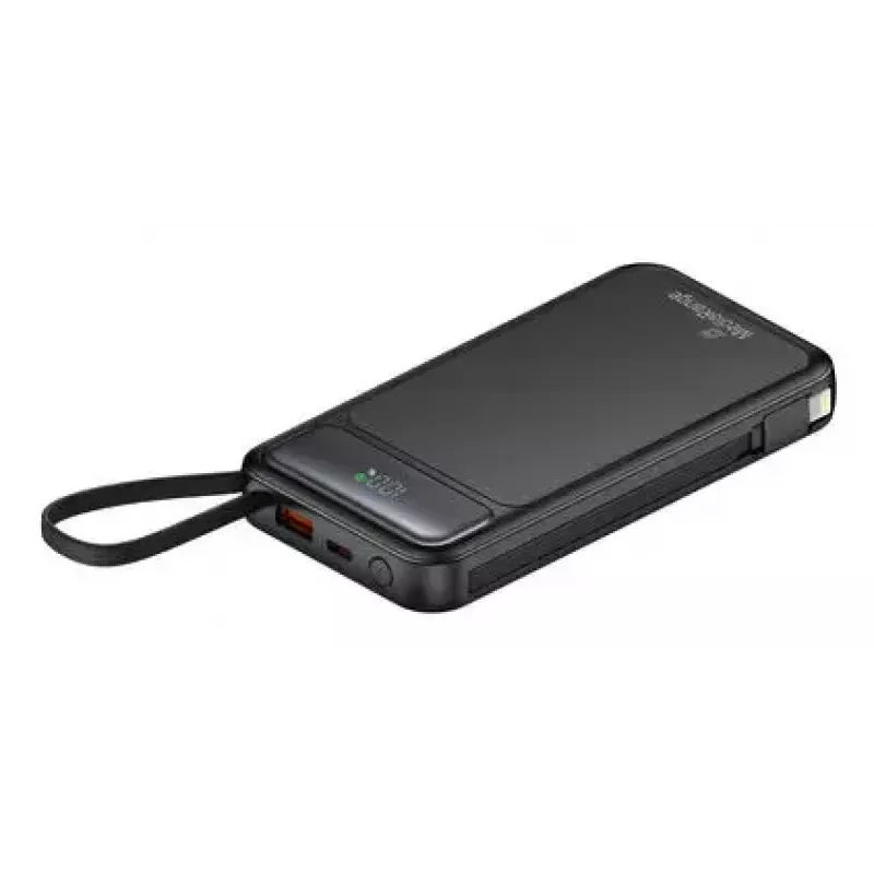 Išorinė baterija MediaRange MRMA753 10 000 mAh LiPo su integruotais kabeliais, LC ekranu, USB-C PD ir Quick Charge, juoda