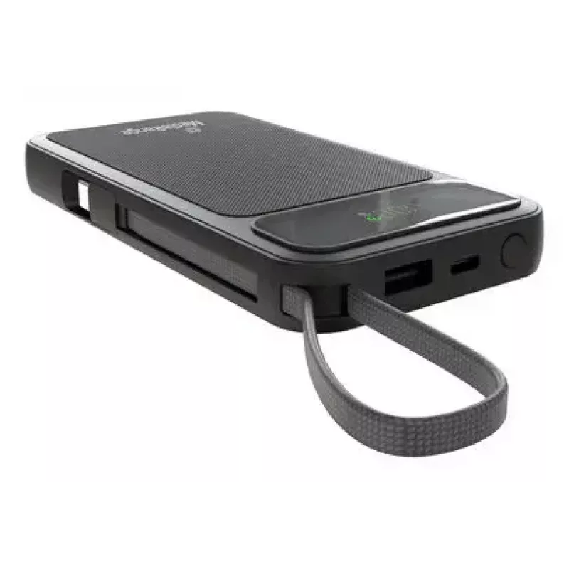 Išorinė baterija MediaRange MRMA753 10 000 mAh LiPo su integruotais kabeliais, LC ekranu, USB-C PD ir Quick Charge, juoda
