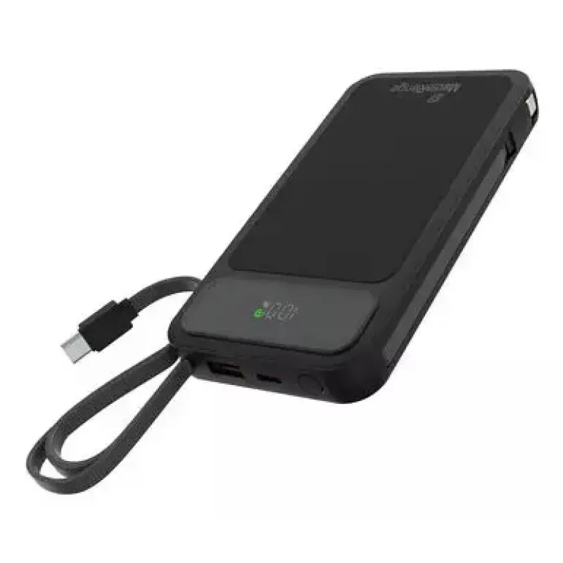 Išorinė baterija MediaRange MRMA753 10 000 mAh LiPo su integruotais kabeliais, LC ekranu, USB-C PD ir Quick Charge, juoda