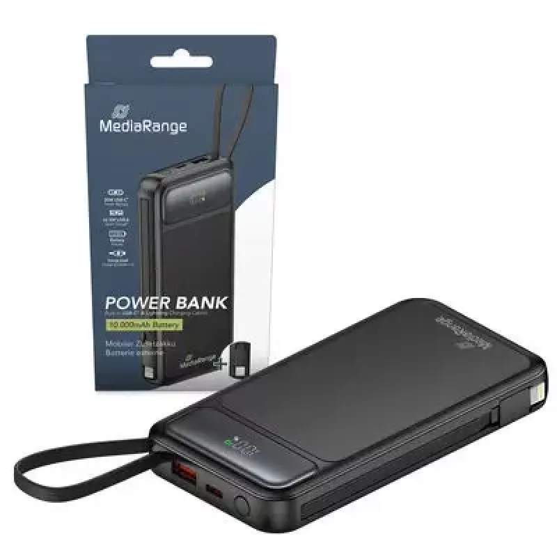 Išorinė baterija MediaRange MRMA753 10 000 mAh LiPo su integruotais kabeliais, LC ekranu, USB-C PD ir Quick Charge, juoda