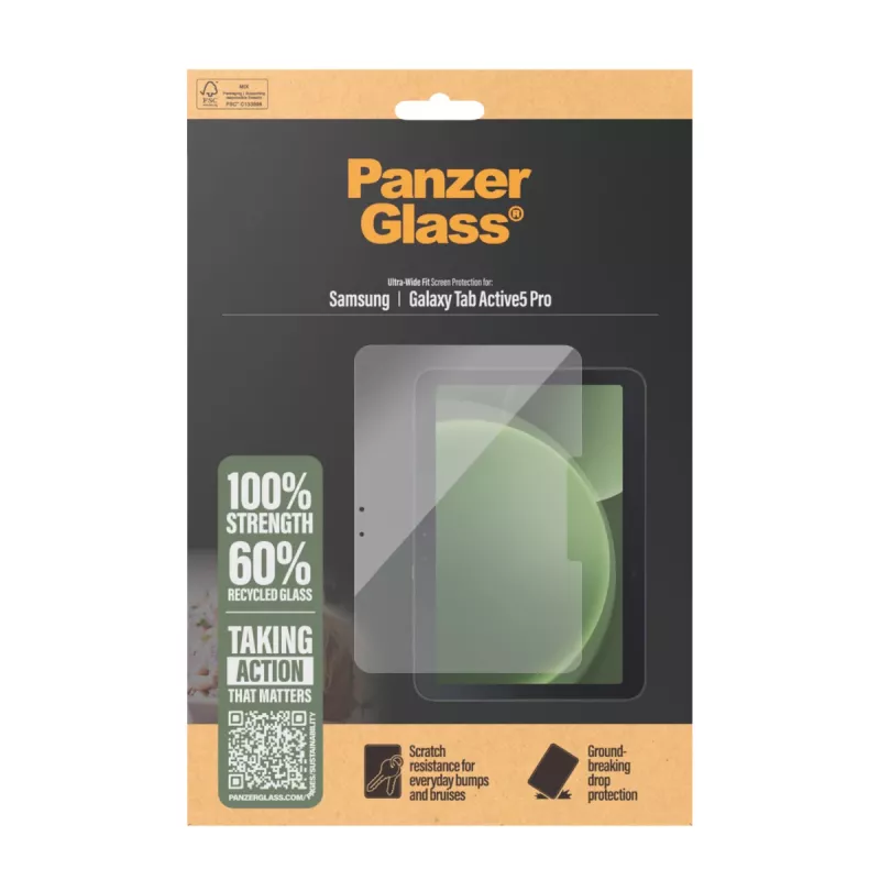 Apsauginė plėvelė PanzerGlass, skirta Samsung Galaxy Tab Active5 Pro — Ultra-Wide Fit, grūdintas stiklas / PET, permatoma