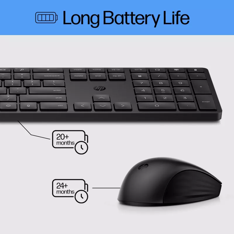 HP 650 belaidis klaviatūros ir pelės rinkinys, pilno dydžio, membraninis, baltas