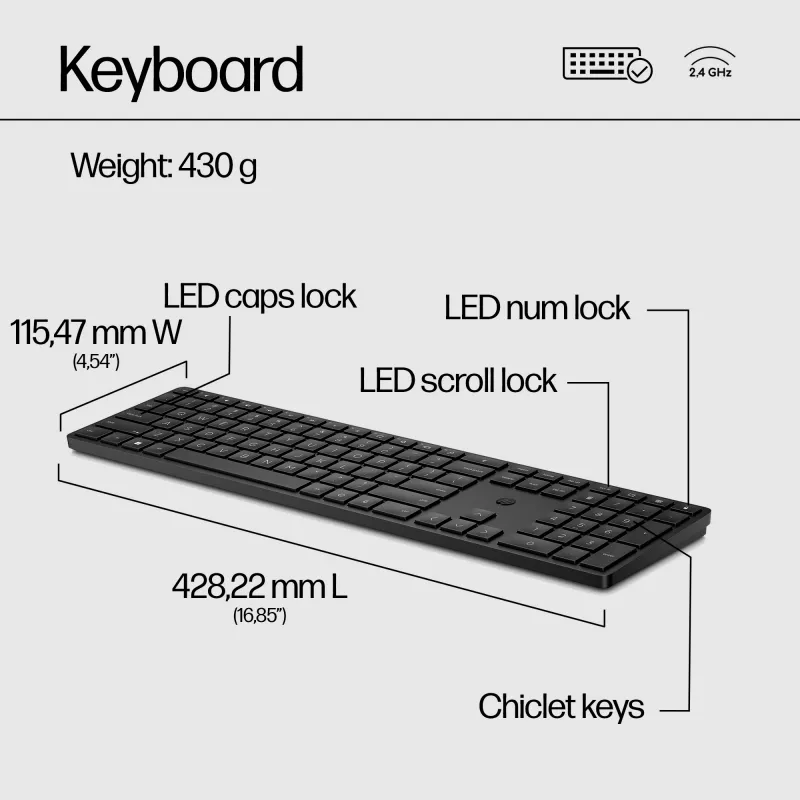 HP 650 belaidis klaviatūros ir pelės rinkinys, pilno dydžio, membraninis, baltas