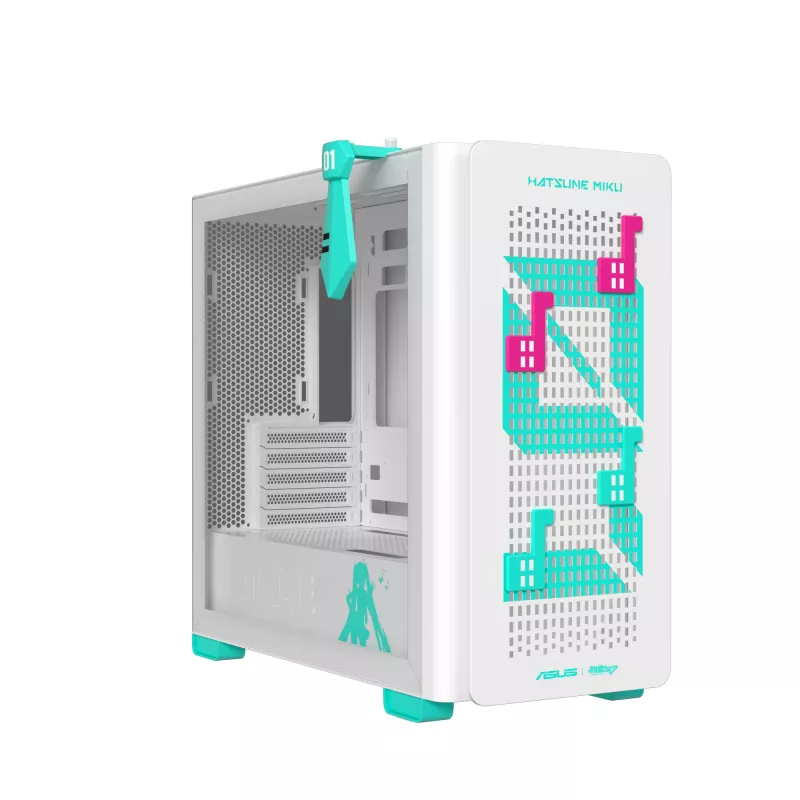 PC korpusas ASUS A23 Hatsune Miku Edition — micro ATX / Mini-ITX, palaiko 120/140 mm ventiliatorius, 2,5 colio ir 3,5 colio diskus, turkio / baltos spalvos