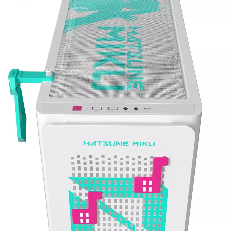PC korpusas ASUS A23 Hatsune Miku Edition — micro ATX / Mini-ITX, palaiko 120/140 mm ventiliatorius, 2,5 colio ir 3,5 colio diskus, turkio / baltos spalvos