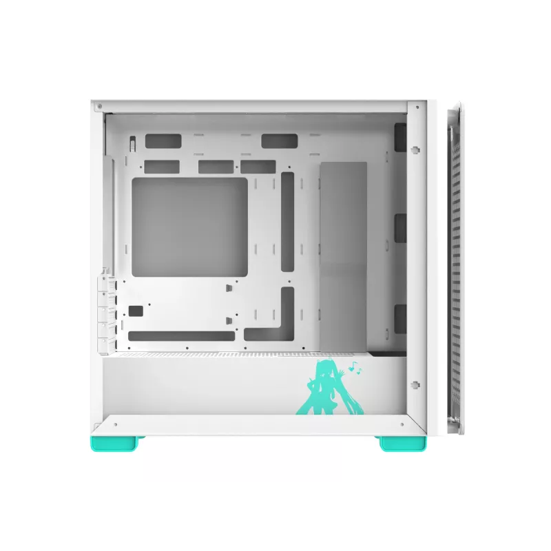 PC korpusas ASUS A23 Hatsune Miku Edition — micro ATX / Mini-ITX, palaiko 120/140 mm ventiliatorius, 2,5 colio ir 3,5 colio diskus, turkio / baltos spalvos