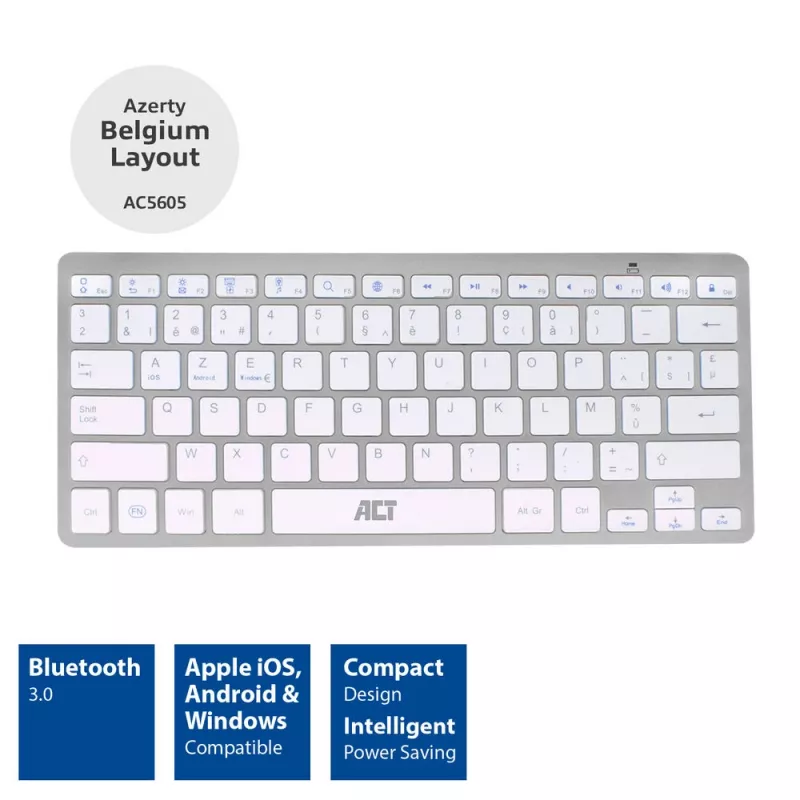 ACT nešiojamoji Bluetooth klaviatūra Azerty/BE išdėstymas Belaidė Balta 75%