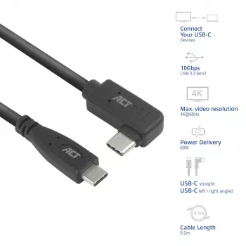 ACT USB 3.0 10Gbps 60W USB Type-C (tiesus) į USB Type-C (kairėn/dešinėn kampuotas) laidas, 0,5 metro