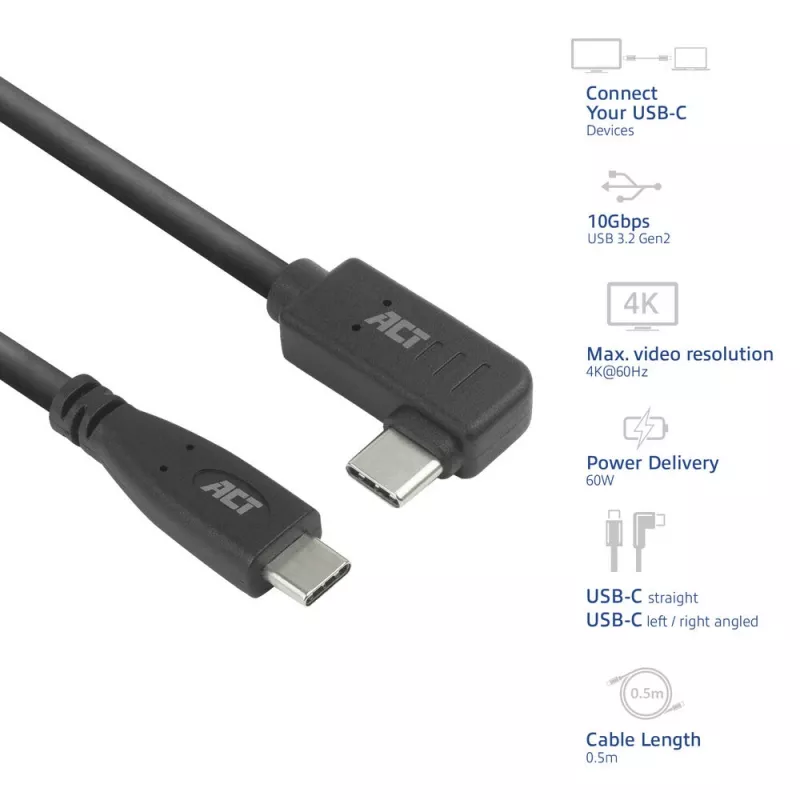ACT USB 3.0 10Gbps 60W USB Type-C (tiesus) į USB Type-C (kairėn/dešinėn kampuotas) laidas, 3 metrai