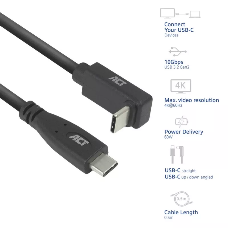 ACT USB 3.0 10Gbps 60W USB Type-C (tiesus) į USB Type-C (aukštyn/žemyn kampuotas) kabelis, 1 metras