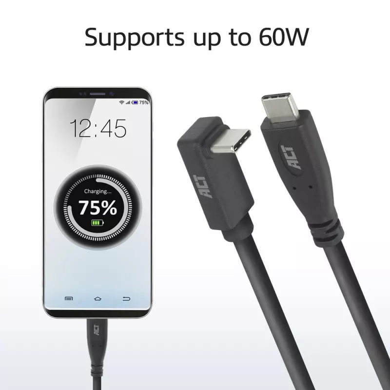 ACT USB 3.0 10Gbps 60W USB Type-C (tiesus) į USB Type-C (aukštyn/žemyn kampuotas) kabelis, 1 metras