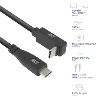 ACT USB 3.0 10Gbps 60W USB Type-C (tiesus) į USB Type-C (aukštyn/žemyn kampuotas) laidas, 2 metrai