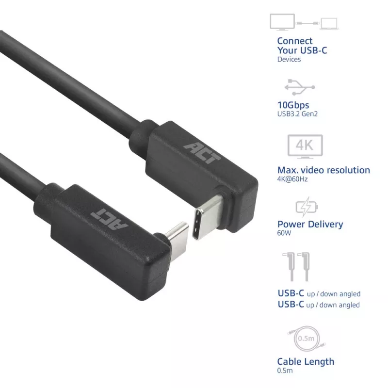 ACT USB 3.0 10Gbps 60W USB Type-C (aukštyn/žemyn kampuotas) į USB Type-C (aukštyn/žemyn kampuotas) laidas, 0,5 metro