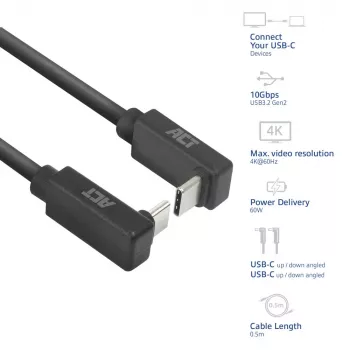 ACT USB 3.0 10Gbps 60W USB Type-C (aukštyn/žemyn kampuotas) į USB Type-C (aukštyn/žemyn kampuotas) laidas, 1 metras