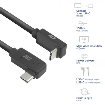 ACT USB 3.0 10Gbps 60W USB Type-C (kairėn/dešinėn kampuotas) į USB Type-C (aukštyn/žemyn kampuotas) laidas, 2 metrai