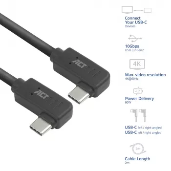 ACT USB 3.0 10 Gbps 60 W USB Type-C (kairė/dešinė kampuota) į USB Type-C (kairė/dešinė kampuota) kabelis, 0,5 metro