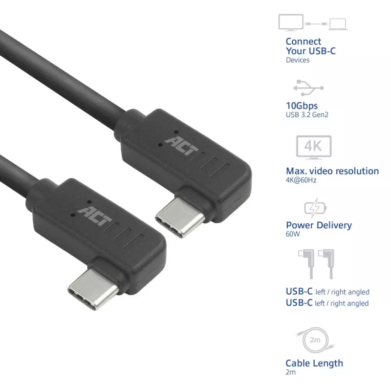 ACT USB 3.0 10Gbps 60W USB Type-C® (kairėn/dešinėn kampuotas) į USB Type-C® (kairėn/dešinėn kampuotas) laidas, 2 metrai