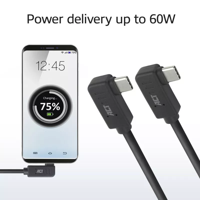 ACT USB 3.0 10Gbps 60W USB Type-C® (kairėn/dešinėn kampuotas) į USB Type-C® (kairėn/dešinėn kampuotas) laidas, 2 metrai