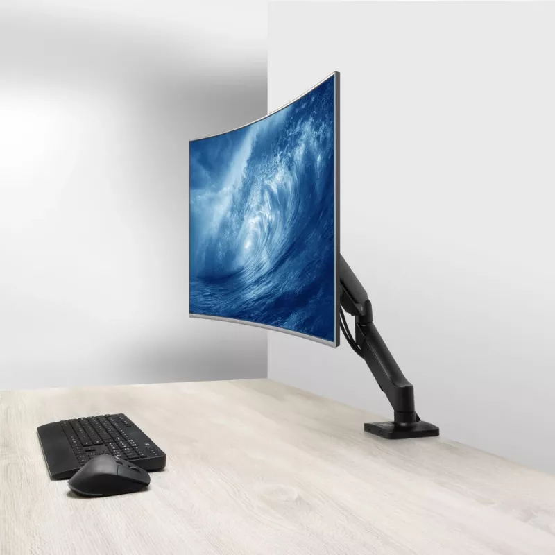 Monitoriaus laikiklis ACT 35 colių ekranams, dujinė spyruoklė, vienas monitorius, spaustuvas/pralaida, iki 9 kg, VESA 75x75–100x100, pakreipimas ±45°, juoda