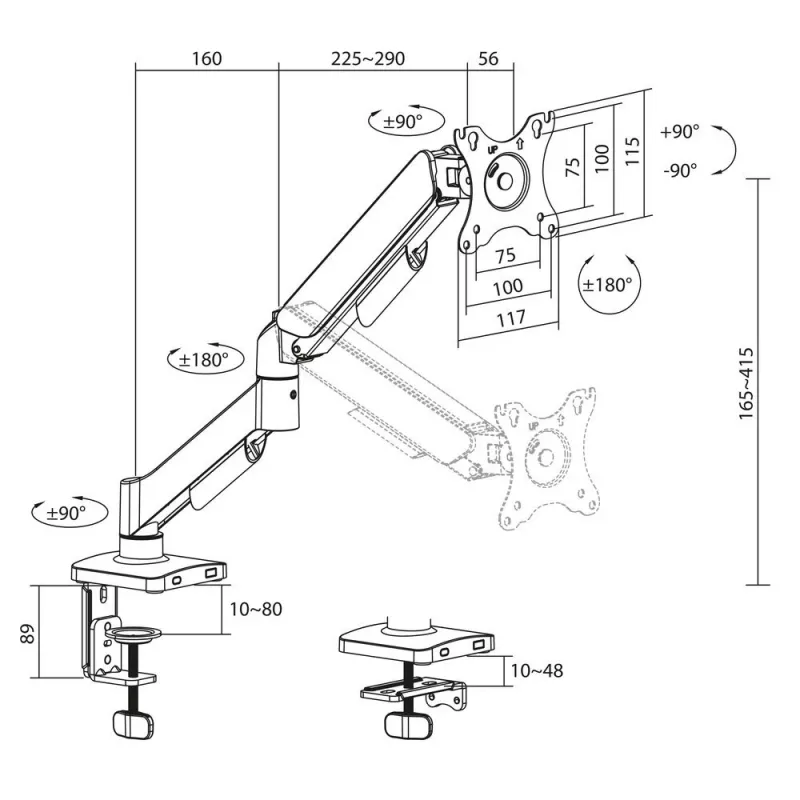 Monitoriaus laikiklis ACT 35 colių ekranams, dujinė spyruoklė, vienas monitorius, spaustuvas/pralaida, iki 9 kg, VESA 75x75–100x100, pakreipimas ±45°, juoda