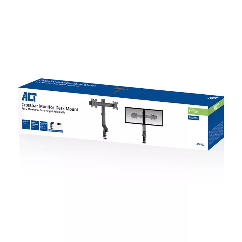 ACT Dviejų monitorių laikiklis stalui, greitas aukščio reguliavimas, spaustukas / varžtinis tvirtinimas, 14 kg