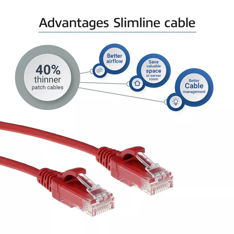 ACT raudonas 1 metro LSZH U/UTP CAT6 duomenų centro plonas komutacinis kabelis be užkabos su RJ45 jungtimis