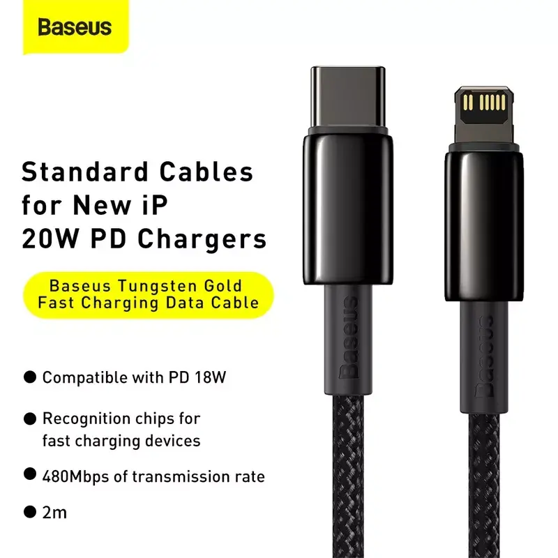 Laidas Baseus Tungsten Gold 2 m juodas Lightning USB C
