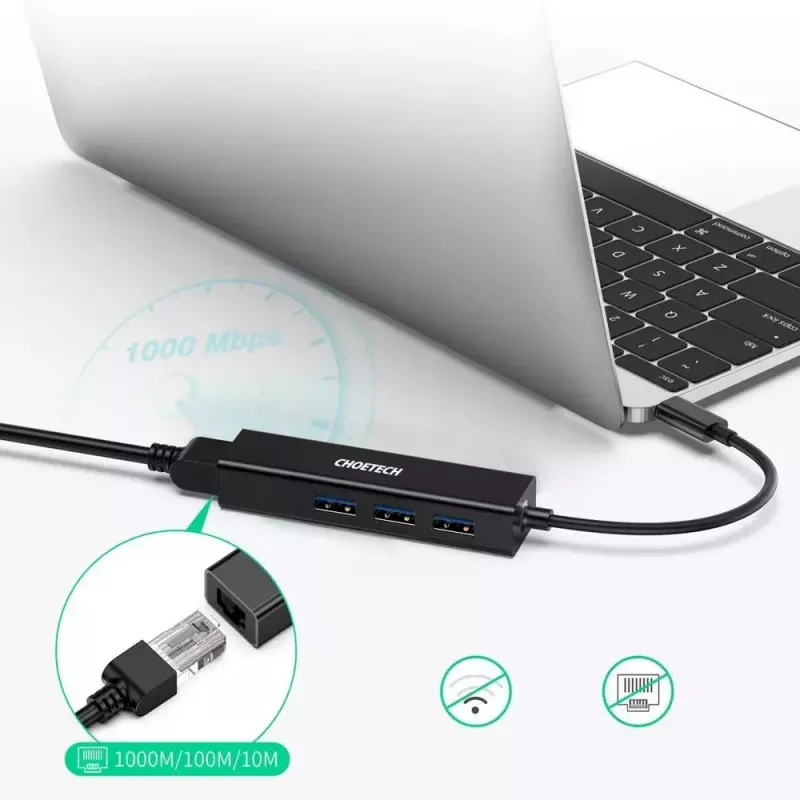 USB Type-C į RJ-45 Ethernet adapteris su 3x USB Type-A CHOETECH HUB-U02BK
