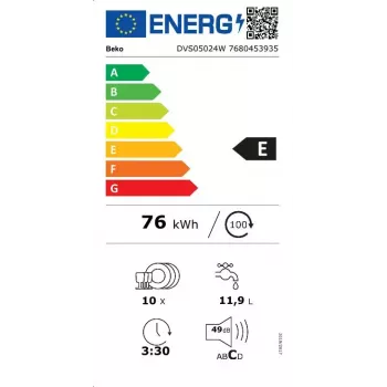 Laisvai pastatoma siauroji indaplovė BEKO DVS05024W — 10 vietų, 45 cm, 49 dB, E klasė