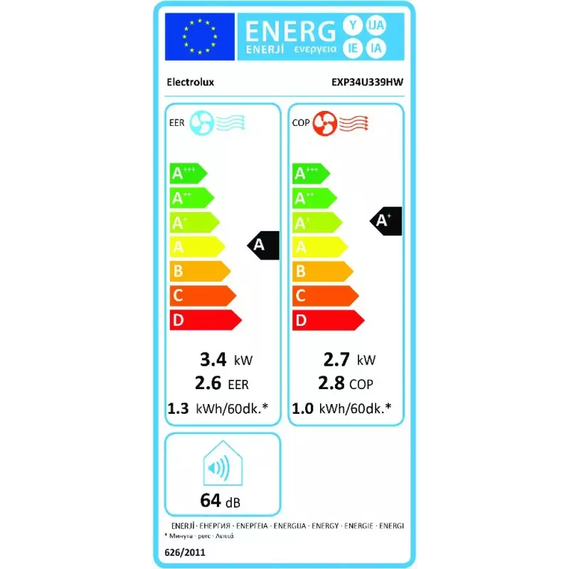 Electrolux EXP34U339HW nešiojamas oro kondicionierius 64 dB baltas