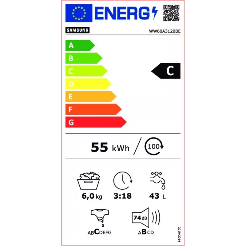 Samsung WW60A3120BE/LE skalbimo mašina Įkraunama iš priekio 6 kg 1200 aps./min Balta