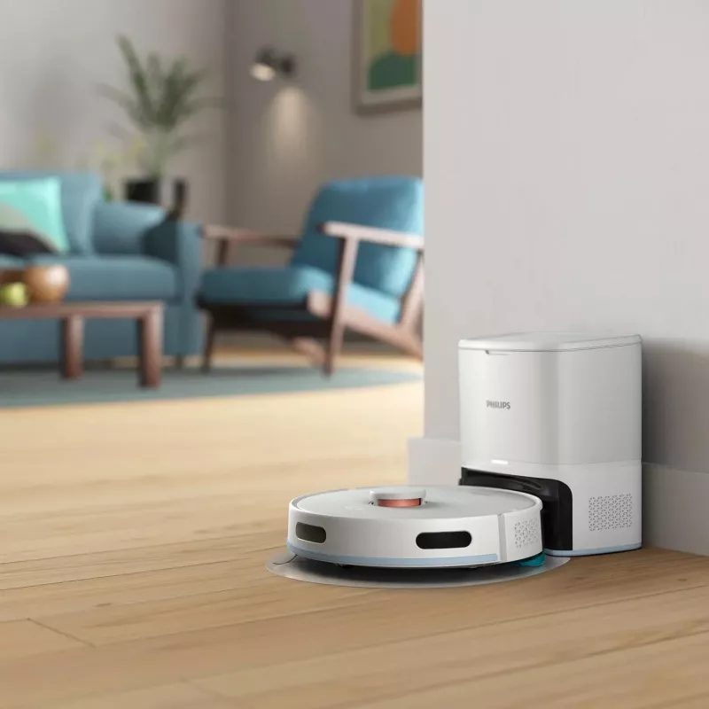 Robotas dulkių siurblys Philips XU2100/20 — apvalus LDS navigacija, 2700 Pa siurbimo galia, 130 min veikimo laikas, savaiminio ištuštinimo bazė, 3 L bazės dulkių maišelis, 0,38 L dulkių talpykla, ličio jonų 2600 mAh