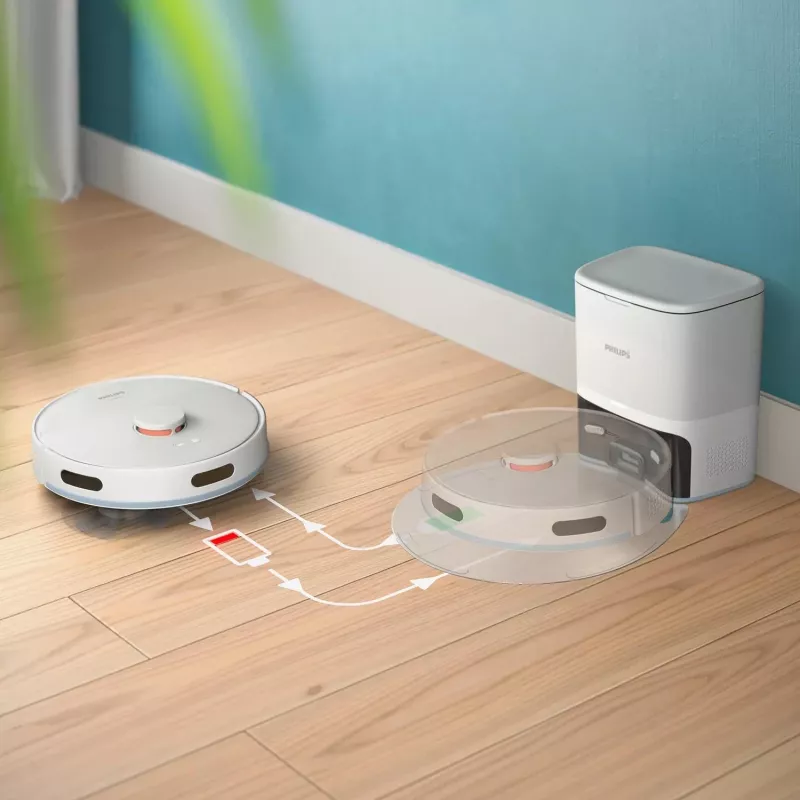 Robotas dulkių siurblys Philips XU2100/20 — apvalus LDS navigacija, 2700 Pa siurbimo galia, 130 min veikimo laikas, savaiminio ištuštinimo bazė, 3 L bazės dulkių maišelis, 0,38 L dulkių talpykla, ličio jonų 2600 mAh