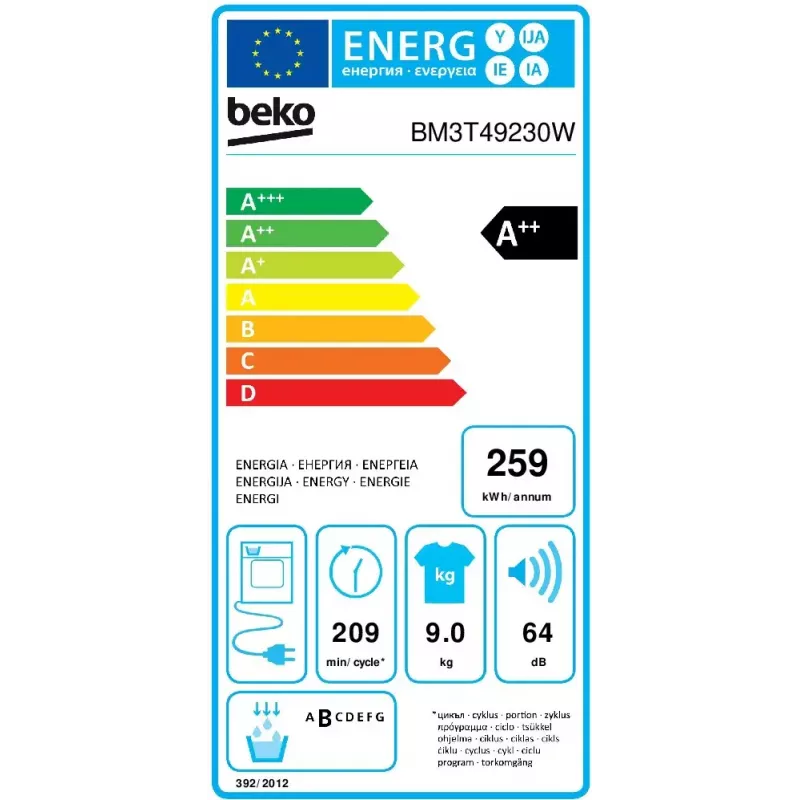 Beko BM3T49230W Skalbinių džiovyklė Laisvai pastatoma Priekinio įkrovimo 9 kg A++ Balta