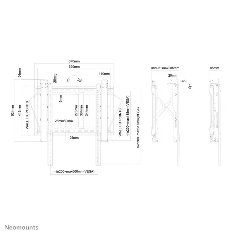 Neomounts vaizdo sienos laikiklis, 70 kg, 81,3 cm (32 col.), 190,5 cm (75 col.), 200 x 200 mm, 600 x 600 mm, 0 - 6°
