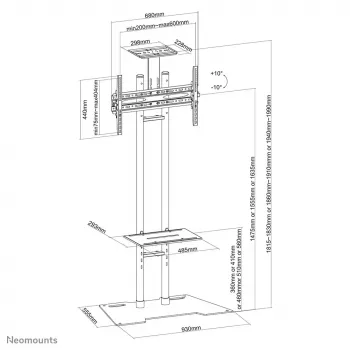Grindinis stovas Neomounts PLASMA-M1700ES 32 colių–70 colių ekranams, 50 kg, VESA 200x200–600x400, aukštis 1475–1635 mm, pasvirimas 0–15° (juodas)