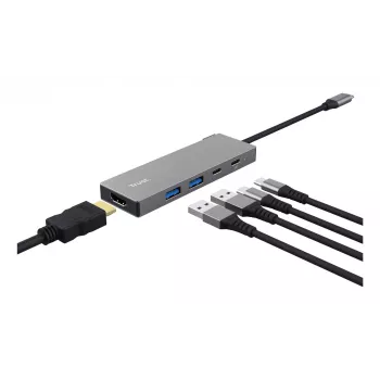 USB Type-C šakotuvas TRUST 26062 — HDMI + USB 3.2 Gen 1 Type-A & Type-C, pilka, 5 prievadai