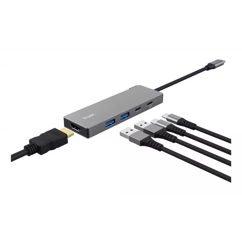 USB Type-C šakotuvas TRUST 26062 — HDMI + USB 3.2 Gen 1 Type-A & Type-C, pilka, 5 prievadai