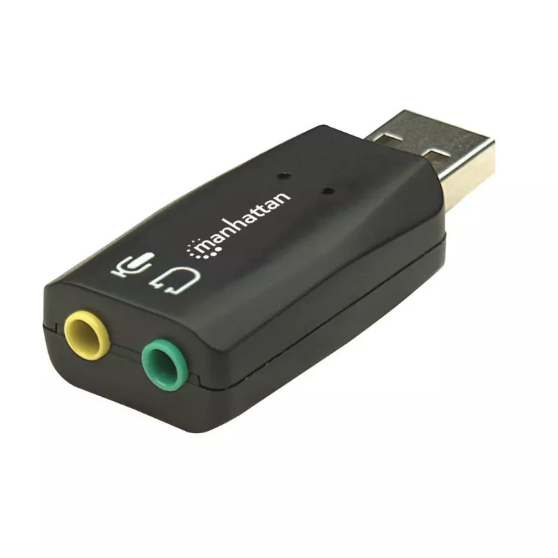 Manhattan USB-A garso adapteris, USB-A į 3,5 mm mikrofono įvesties ir garso išvesties prievadai, 480 Mbps (USB 2.0), palaiko 3D ir virtualų 5.1 erdvinį garsą, Hi-Speed USB, juodas, trejų metų garantija