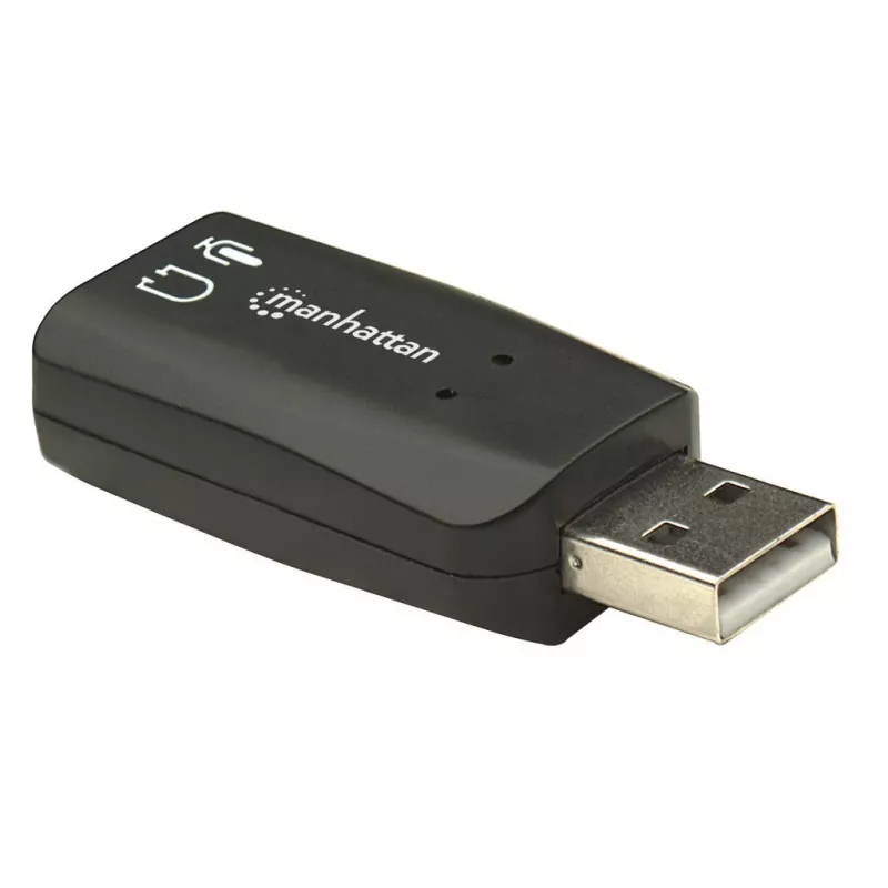 Manhattan USB-A garso adapteris, USB-A į 3,5 mm mikrofono įvesties ir garso išvesties prievadai, 480 Mbps (USB 2.0), palaiko 3D ir virtualų 5.1 erdvinį garsą, Hi-Speed USB, juodas, trejų metų garantija