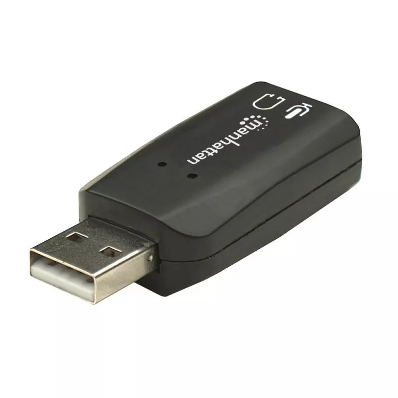 Manhattan USB-A garso adapteris, USB-A į 3,5 mm mikrofono įvesties ir garso išvesties prievadai, 480 Mbps (USB 2.0), palaiko 3D ir virtualų 5.1 erdvinį garsą, Hi-Speed USB, juodas, trejų metų garantija