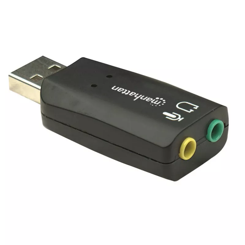 Manhattan USB-A garso adapteris, USB-A į 3,5 mm mikrofono įvesties ir garso išvesties prievadai, 480 Mbps (USB 2.0), palaiko 3D ir virtualų 5.1 erdvinį garsą, Hi-Speed USB, juodas, trejų metų garantija