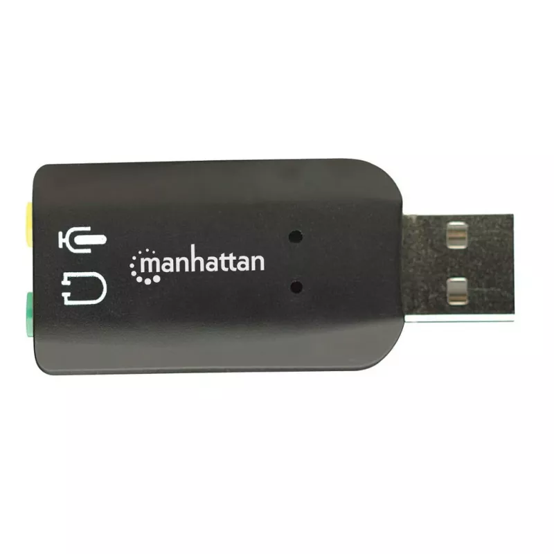 Manhattan USB-A garso adapteris, USB-A į 3,5 mm mikrofono įvesties ir garso išvesties prievadai, 480 Mbps (USB 2.0), palaiko 3D ir virtualų 5.1 erdvinį garsą, Hi-Speed USB, juodas, trejų metų garantija