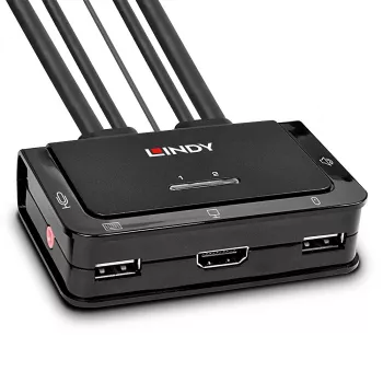 Lindy 2 prievadų HDMI 4K30, USB 2.0 ir garso kabelinis KVM jungiklis, 1920 x 1080 pikselių, juodas