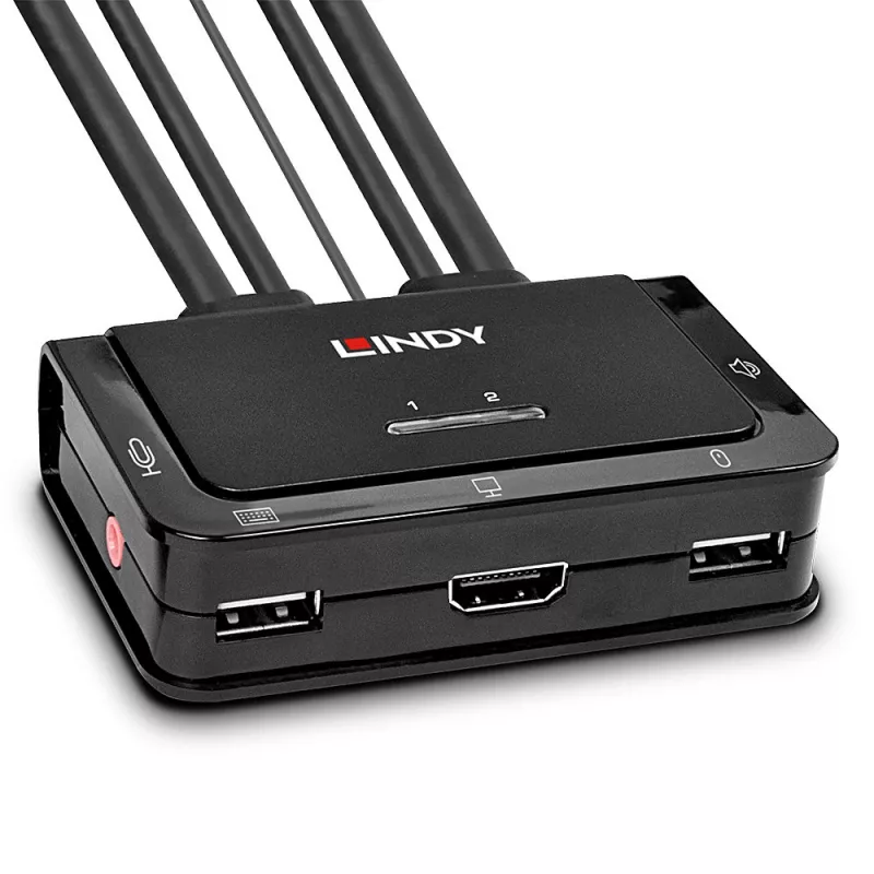 Lindy 2 prievadų HDMI 4K30, USB 2.0 ir garso kabelinis KVM jungiklis, 1920 x 1080 pikselių, juodas