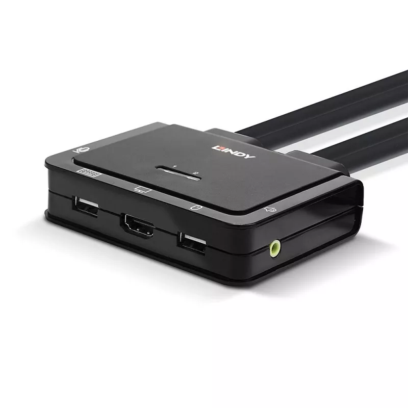 Lindy 2 prievadų HDMI 4K30, USB 2.0 ir garso kabelinis KVM jungiklis, 1920 x 1080 pikselių, juodas