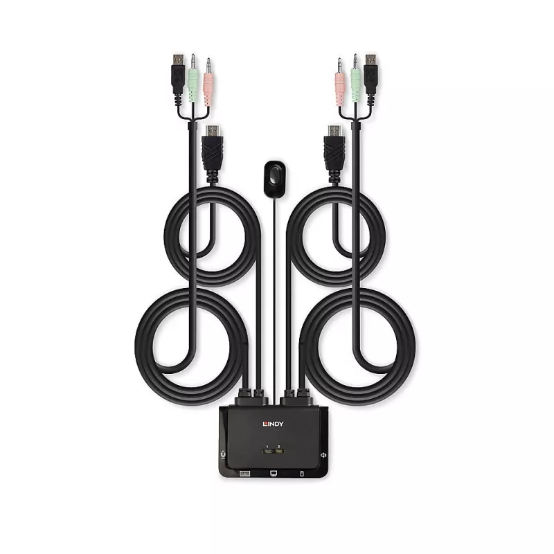 Lindy 2 prievadų HDMI 4K30, USB 2.0 ir garso kabelinis KVM jungiklis, 1920 x 1080 pikselių, juodas